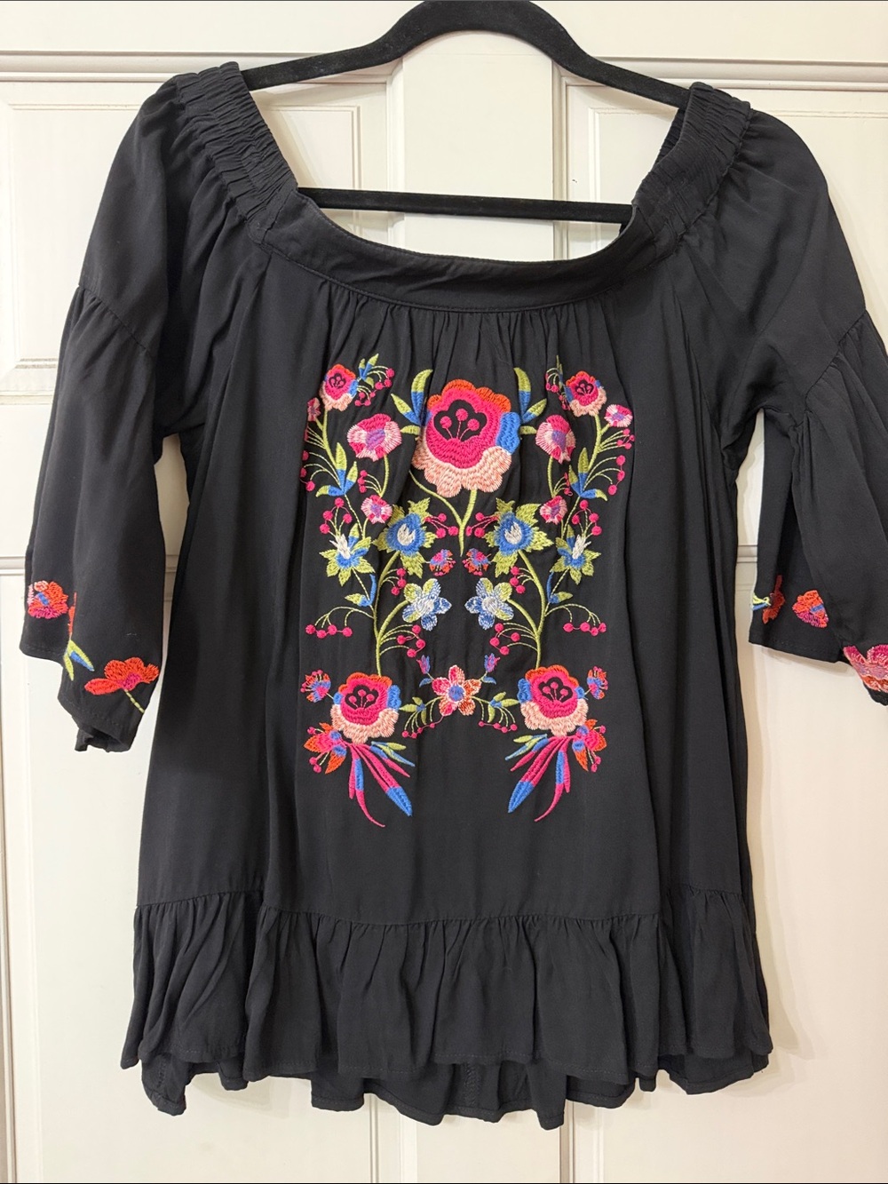 Black Embroidered Peasant Blouse with Bright Floral Stitching
